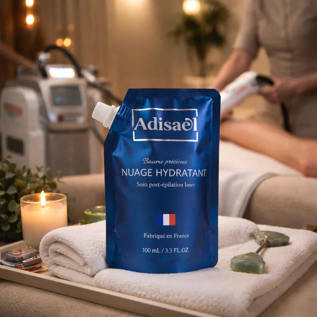 Baume Adisaël Nuage Hydratant pour soin post-épilation laser posé sur serviette en institut spa