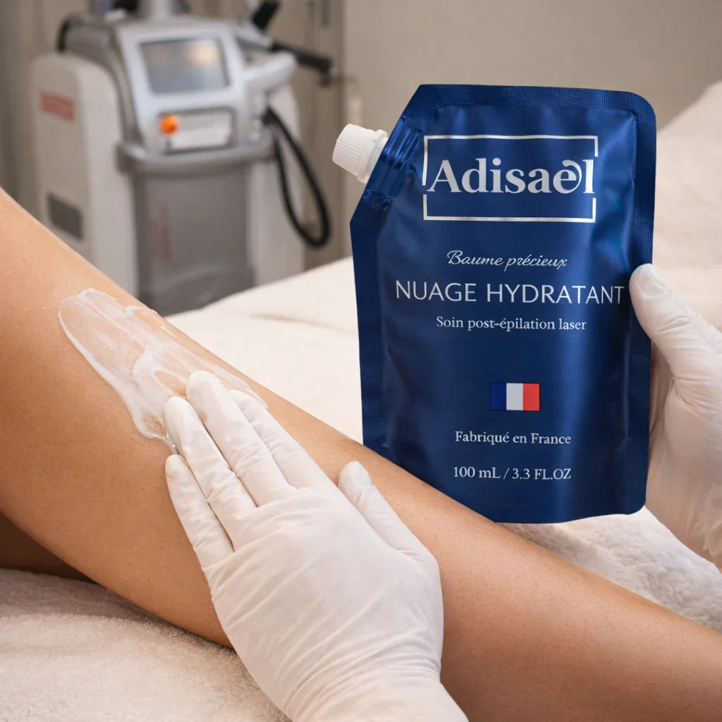 Application du baume hydratant Adisael sur la jambe après épilation laser en institut