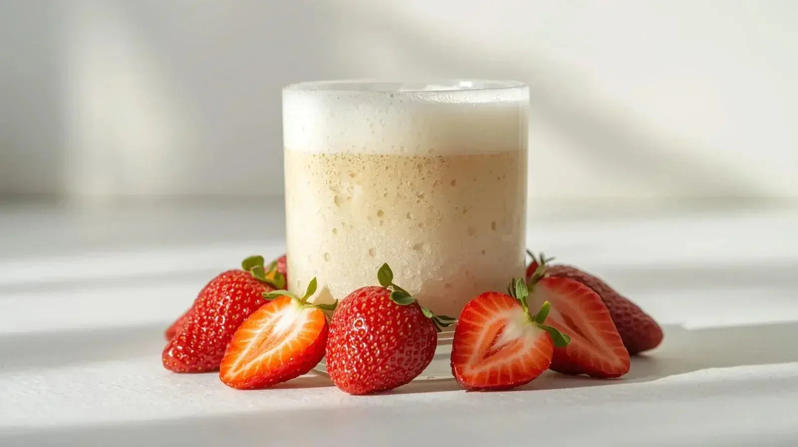 Glass of frothy collagen drink surrounded by fresh whole and sliced strawberries on white surface