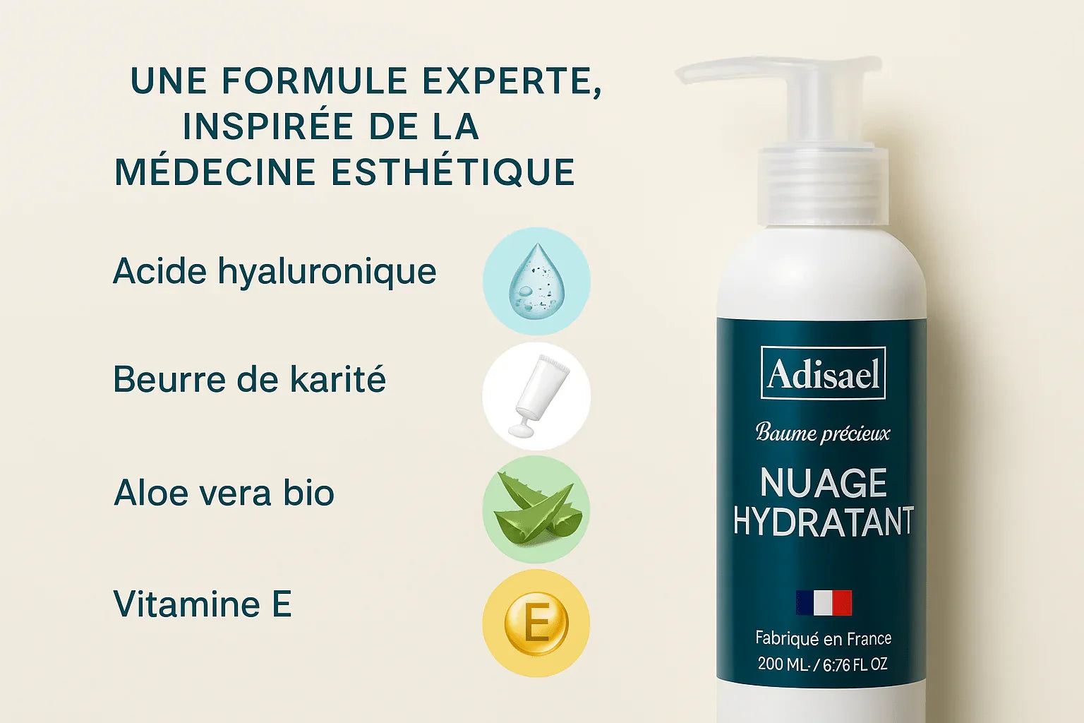 Adisael Nuage Hydratant moisturizing balm bottle with hyaluronic acid, shea butter, organic aloe vera, and vitamin E