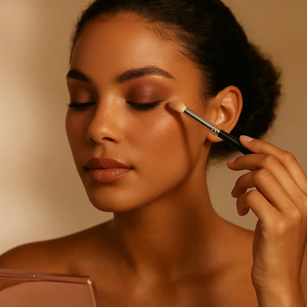 Femme appliquant ombre à paupières marron avec pinceau, maquillage nude naturel, peau lumineuse