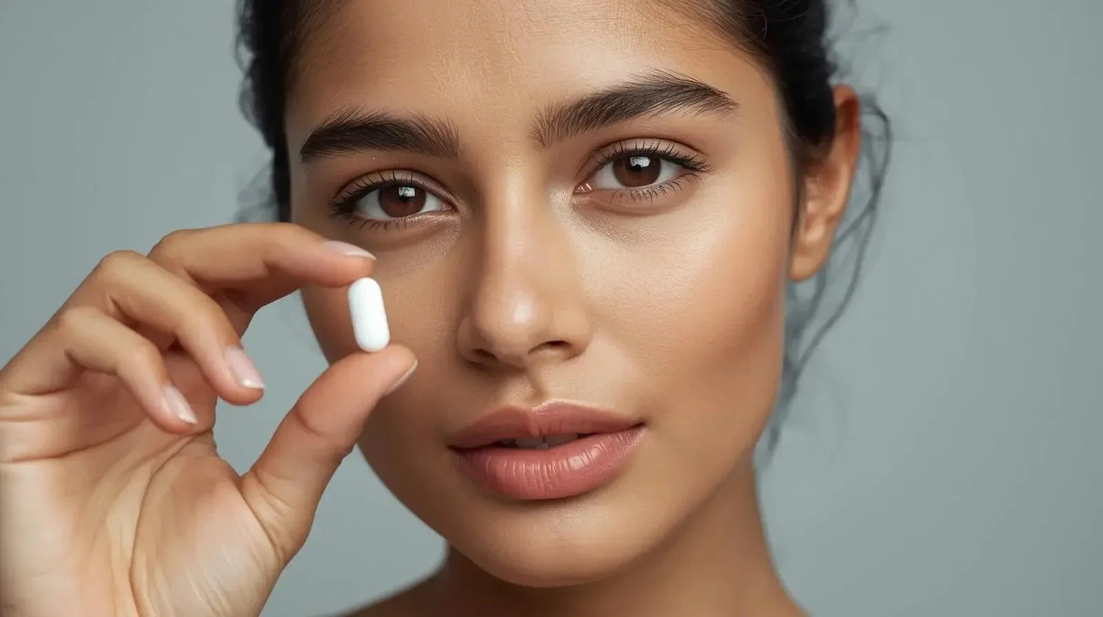 Femme tenant une capsule blanche, soins cheveux et beauté, teint lumineux, boutique ADISAEL