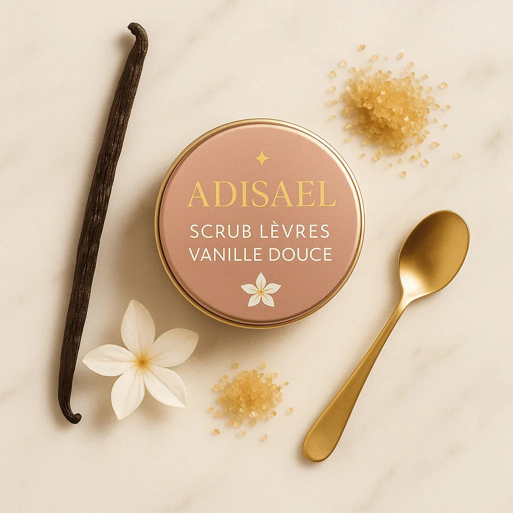 Adisael vanilla lip scrub tin with vanilla pod, flower, sugar crystals, and golden spoon on marble