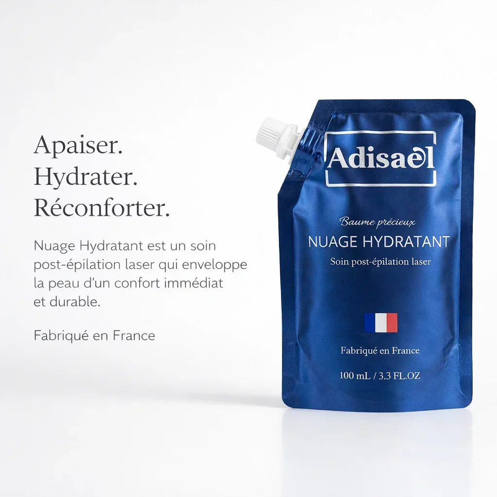 Soin hydratant Adisael pour post-épilation laser, sachet bleu, fabriqué en France, haute qualité.